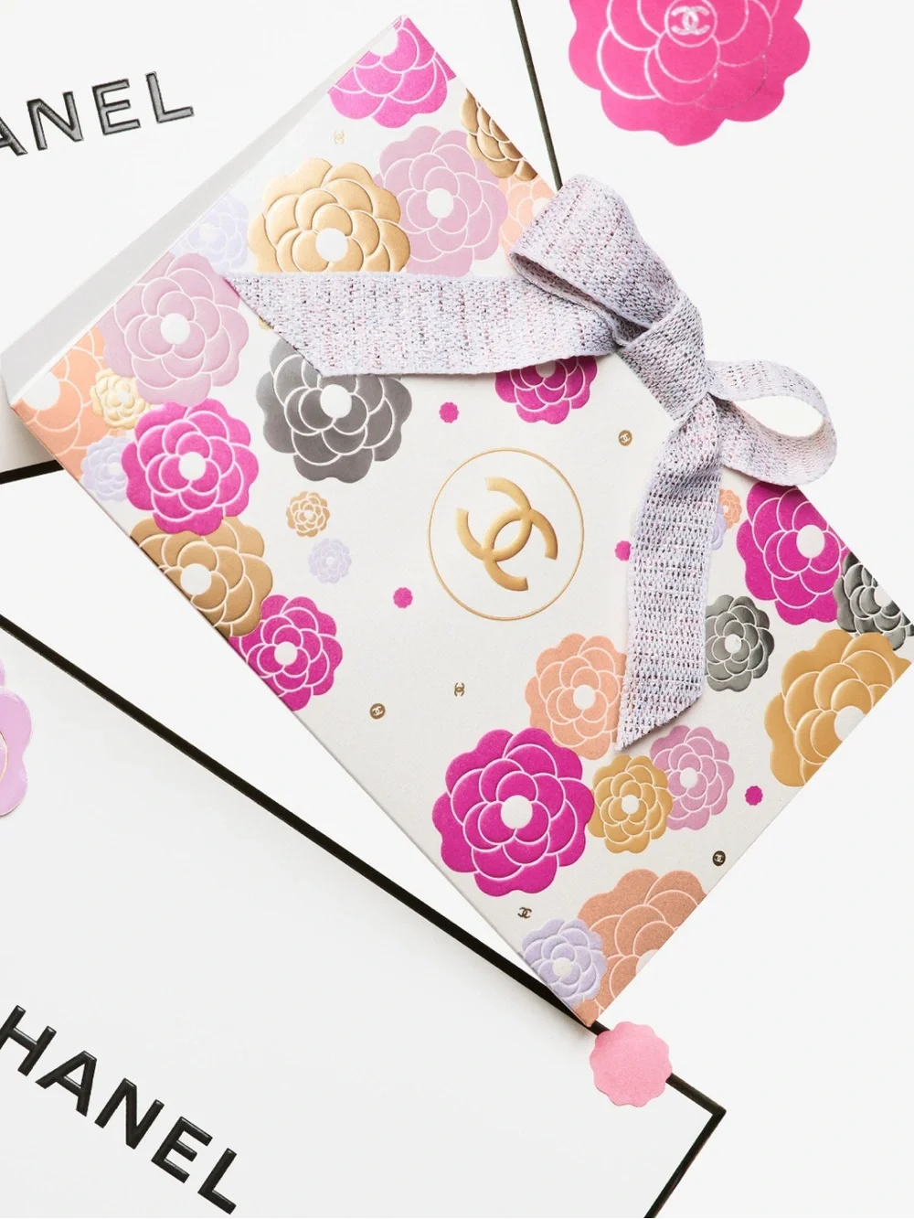 Chanel Beauty Pink Gold Camellia Floral Gift Bag with 2 Chanel Camellia Stickers